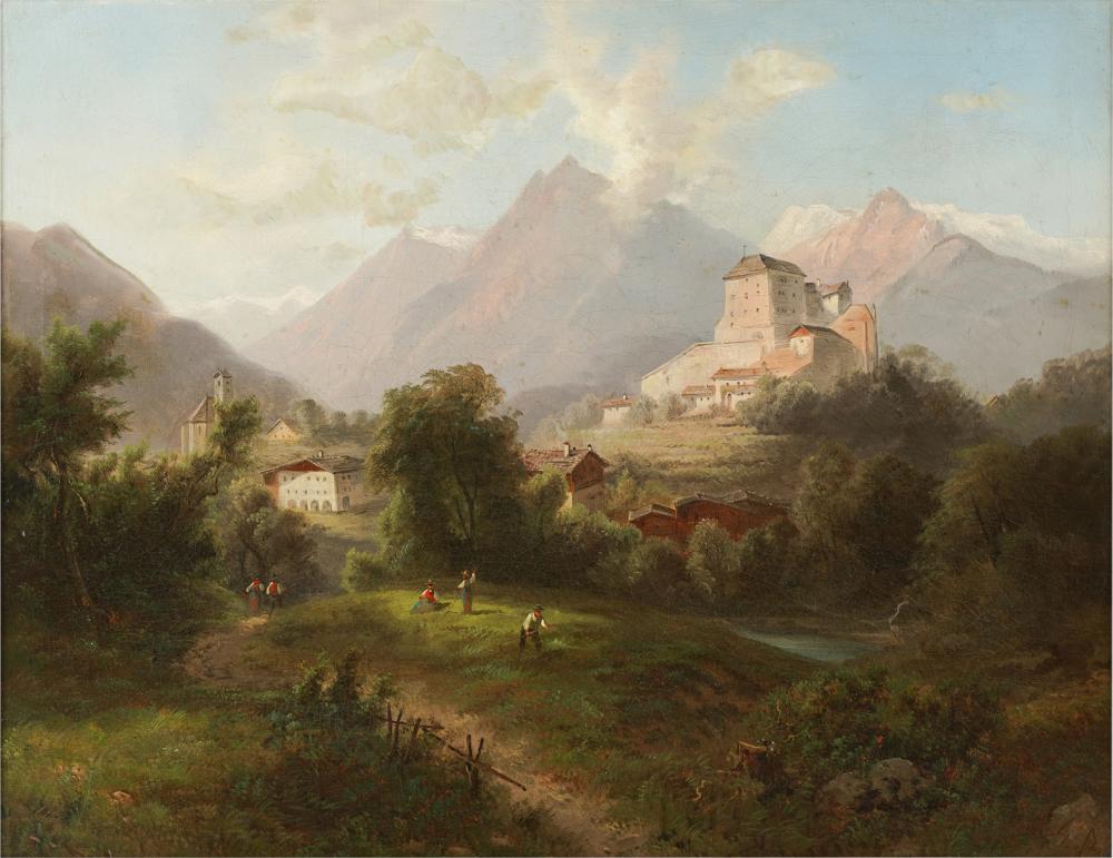 Appraisal: CONTINENTAL SCHOOL ALPINE LANDSCAPEoil on canvas wax-lined signed indistinctly lower