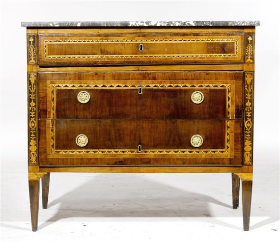 Appraisal: A PARQUETRY CHEST OF DRAWERS Louis XVI northern Italy end