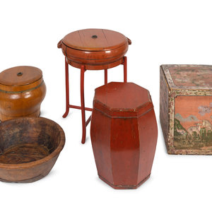 Appraisal: Five Asian Lacquer and Painted Wood Containers TH CENTURY comprising