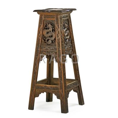 Appraisal: ASIAN PEDESTAL Walnut with carved dragon design ca x sq