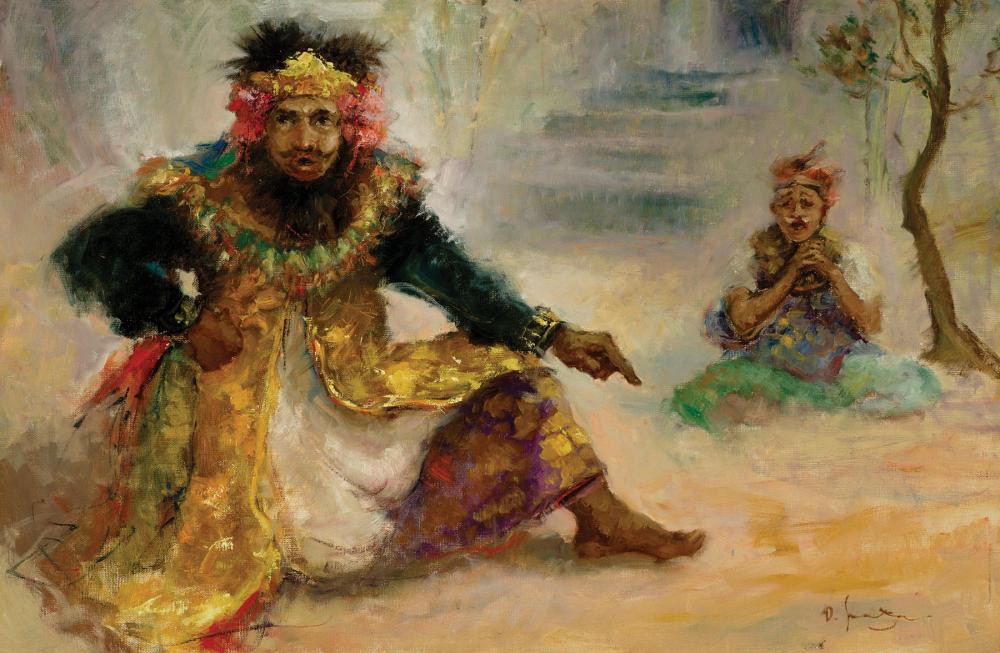 Appraisal: Sambodja Indonesian b Two Male Arja Performers oil on canvas