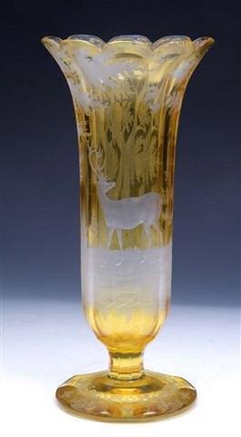 Appraisal: A BOHEMIAN YELLOW GROUND FLARED VASE with intaglio cut stag