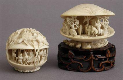 Appraisal: CHINESE CARVED IVORY CLAM GROUP AND A FRUIT GROUP The