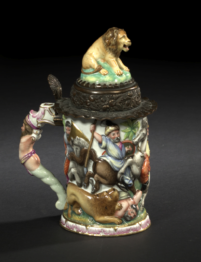 Appraisal: Continental Brass-Mounted Capodimonte Porcelain Covered Tankard fourth quarter th century