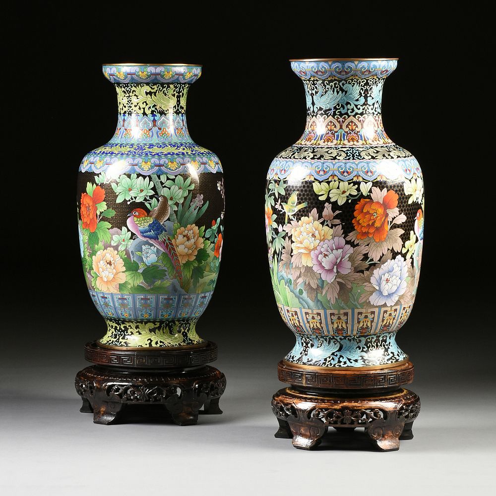 Appraisal: A MATCHED PAIR OF LARGE CHINESE ENAMELED CLOISONN BRONZE VASES