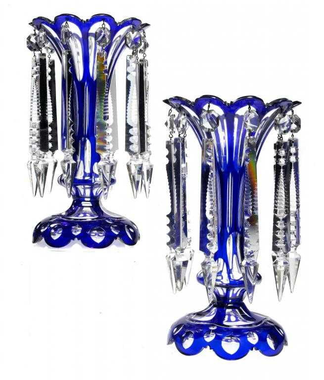 Appraisal: A PAIR OF GLASS LUSTRES cased in blue and cut