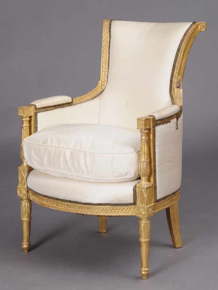 Appraisal: DIRECTOIRE CARVED GILTWOOD BERG RE The padded backrest with roll-over