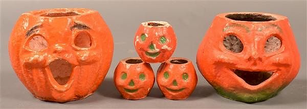 Appraisal: Five Halloween Paper Mache Jack-o-lanterns Five Halloween Paper Mache Jack-o-lanterns