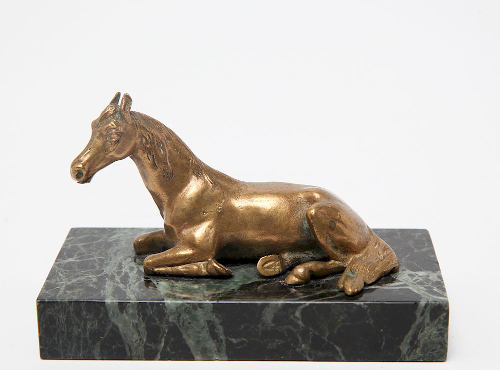 Appraisal: Brass Reclining Horse Desk Sculpture w Marble Brass reclining horse