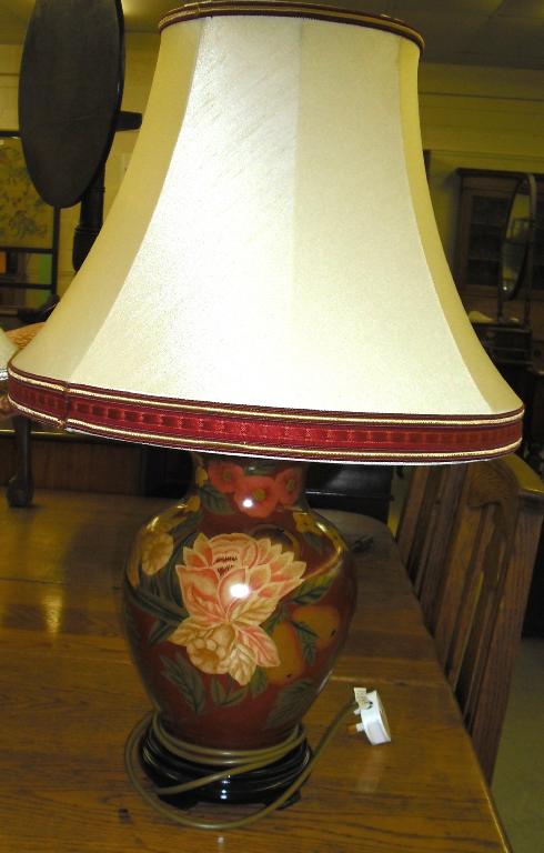 Appraisal: Decorative japanned baluster table lamp and shade decorated with flowers