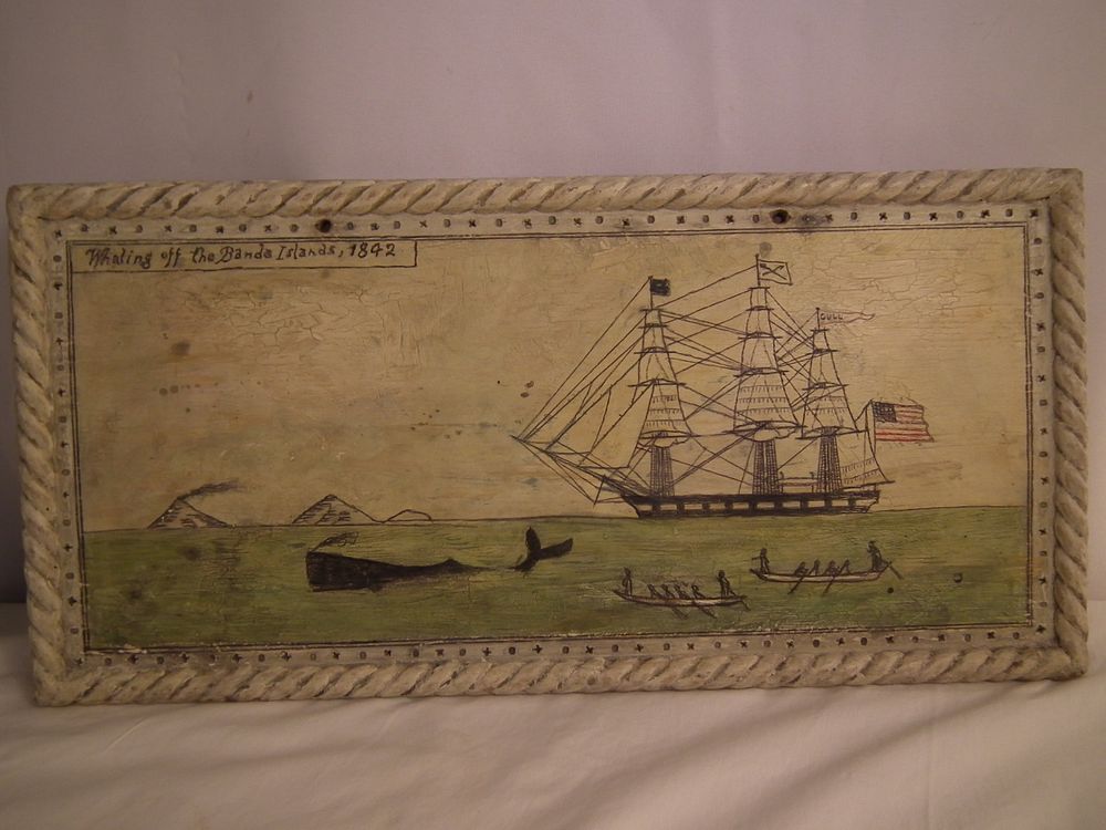 Appraisal: OLD PLAQUE PAINTED WHALING SCENE Old hand painted wood plaque