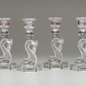 Appraisal: Four Molded Glass Dolphin Candlesticks Attributed to the Boston and