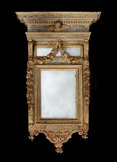 Appraisal: Large Northern Italian Carved and Gray-Painted Beechwood Looking Glass second