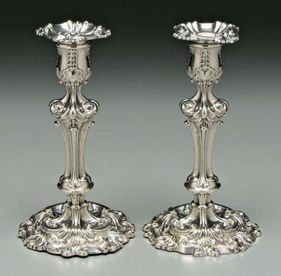 Appraisal: Pair English silver candlesticks rococo with shell and scroll decoration