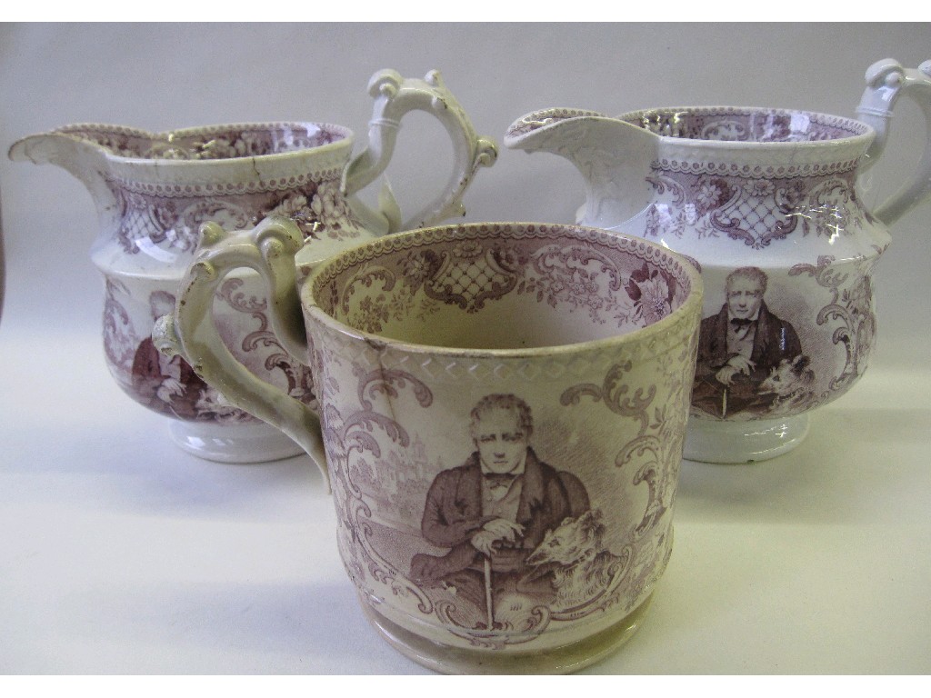 Appraisal: Two Staffordshire puce transfer printed jugs and a mug decorated