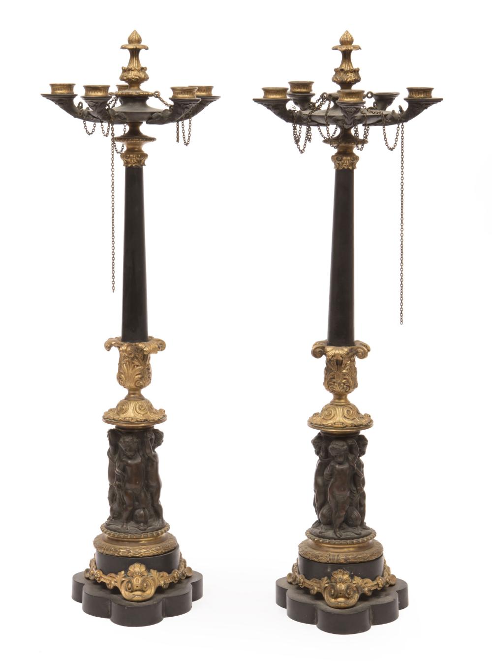 Appraisal: Pair of Louis Philippe Gilt and Patinated Bronze Five-Light Candelabra