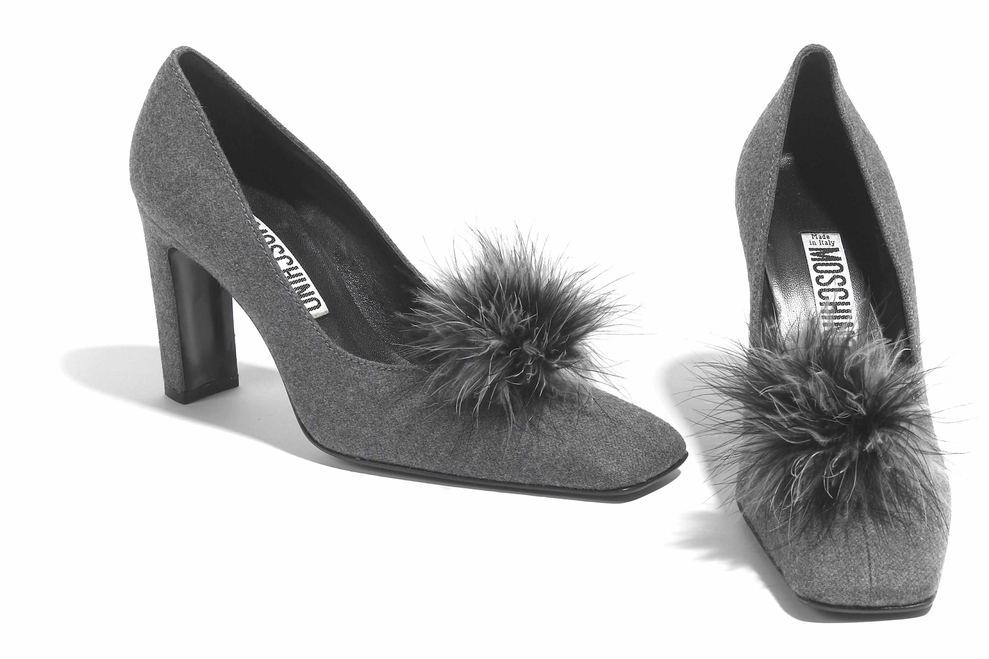 Appraisal: A pair of Moschino grey flannel and marabou square toe