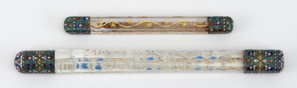 Appraisal: TWO TURKISH ENAMEL-DECORATED GLASS PERFUME CONTAINERS TH CENTURY LENGTHS AND