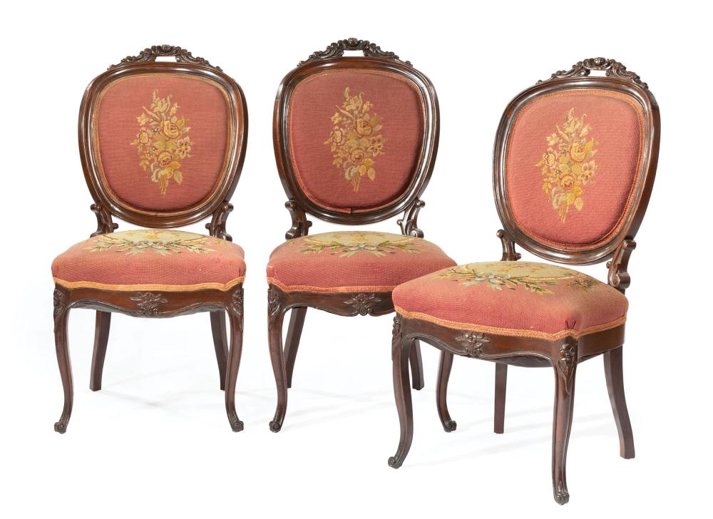 Appraisal: Three Louis Philippe Rosewood and Needlepoint Side Chairs mid- th