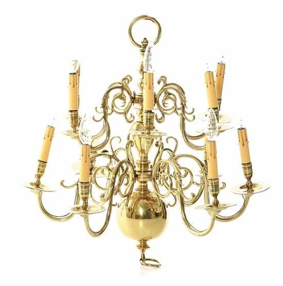 Appraisal: Dutch brass twelve-light chandelier late th century turned stem supporting