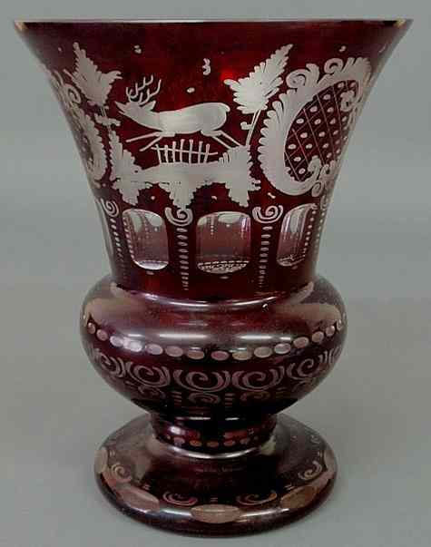 Appraisal: Red-cut-to-clear Bohemia glass vase late th c with bird and