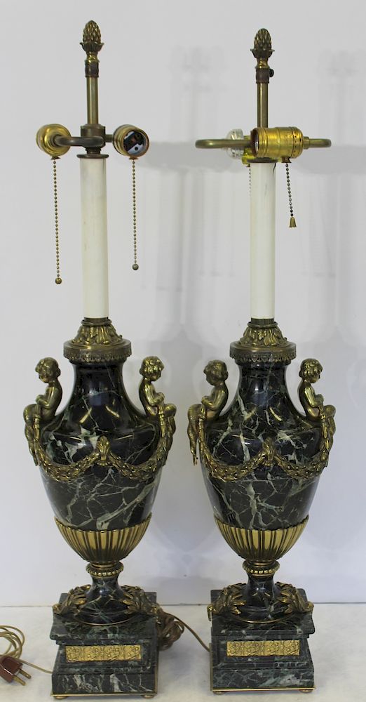 Appraisal: Pair Of Antique Marble And Bronze Mounted Urn Form Lamps