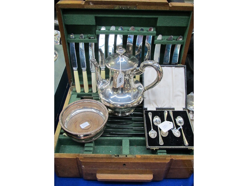 Appraisal: Lot comprising part cutlery set coffee pot wine coaster and