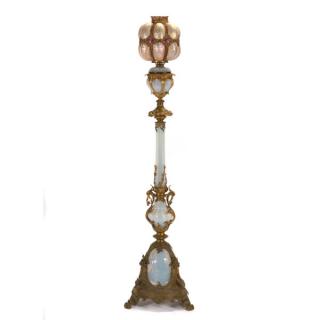 Appraisal: Art Nouveau Gilt Bronze Opalescent Glass Standing Oil Lamp with