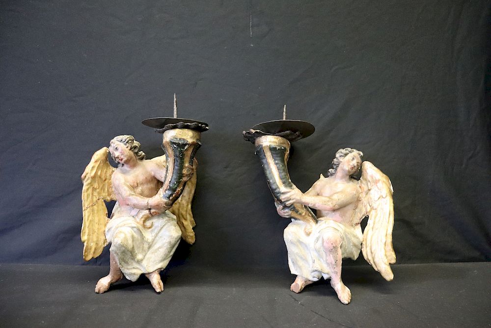 Appraisal: A Pair Of th Century Northern Italian Polychrome Angel Candlesticks