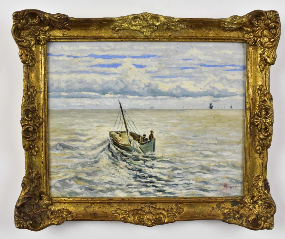 Appraisal: EUROPEAN SCHOOL TH CENTURY PAINTINGFishing Boat in a Harbor Signed