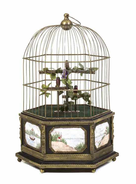 Appraisal: An Automaton Bird Cage the domed cage containing three birds