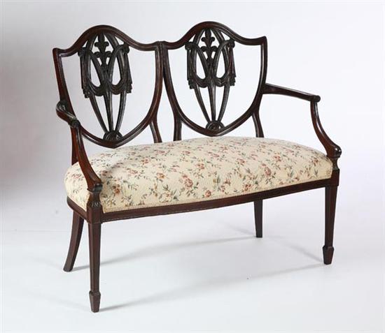 Appraisal: HEPPLEWHITE-STYLE SETTEE American th century mahogany Double-shield back with Prince