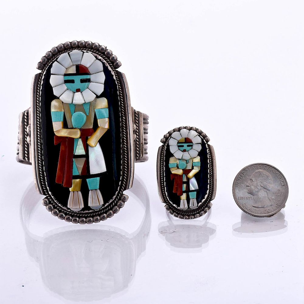 Appraisal: ZUNI KACHINA SILVER BRACELET AND RING BY BEV ETSATE Multi-stone