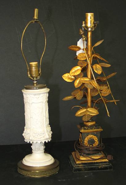 Appraisal: A gilt metal hydrangea lamp together with gilt metal rose