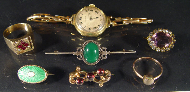 Appraisal: Ladies gold watch assorted gold rings bar brooches etc