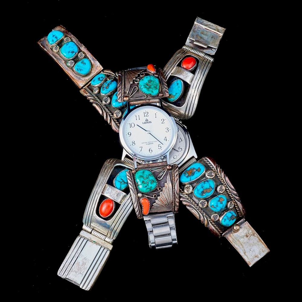 Appraisal: NAVAJO WATCH BANDS Three Vintage old pawn Southwest turquoise silver