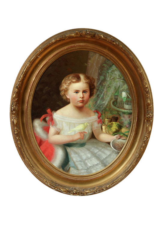 Appraisal: YOUNG GIRL WITH CANARY AMERICAN MID TH CENTURY Oil on