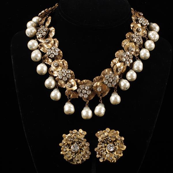 Appraisal: Miriam Haskell pc Large Faux pearl drop floral rhinestone gilt