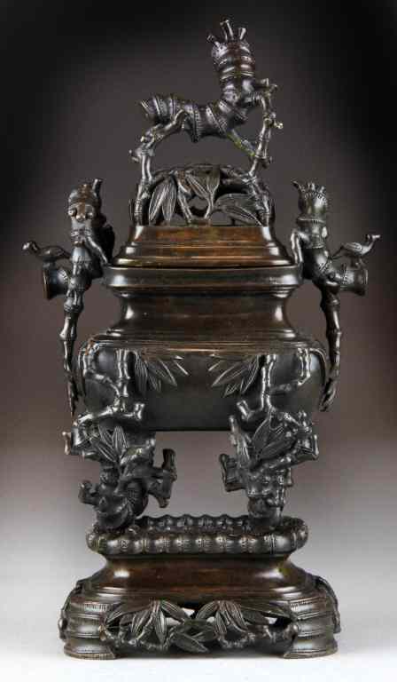 Appraisal: Chinese Three Piece Bronze Censer On StandExquisitely molded to depict