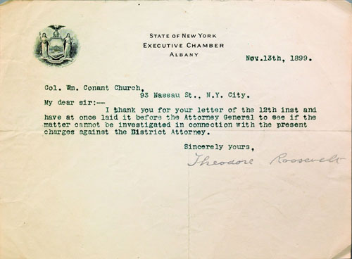 Appraisal: Theodore Roosevelt signed typed letter dated November on State of