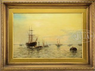 Appraisal: EDWIN FLETCHER English - SHIPS IN HARBOR AT SUNRISE Oil