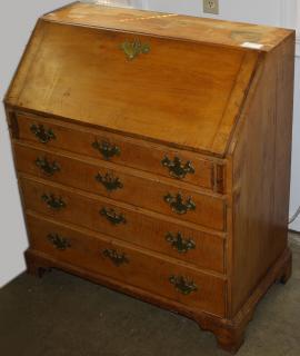 Appraisal: Chippendale curly maple slant front desk drawer interior old brass