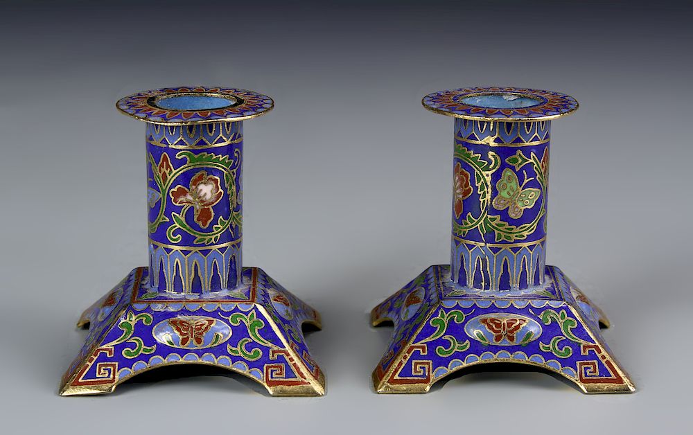 Appraisal: Pair Of Chinese Cloisonne Candle Sticks China ROC A Pair