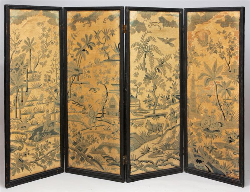 Appraisal: English Ebonized Chinoiserie Needlework Four-Panel Screen x in each panel