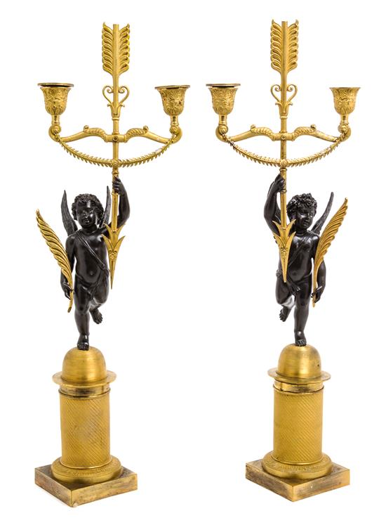 Appraisal: Sale Lot A Pair of Gilt and Patinated Bronze Two-Light