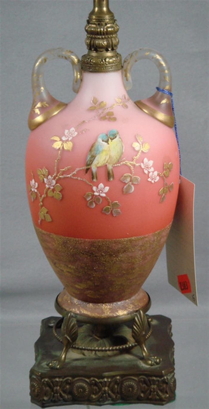 Appraisal: Peachblow art glass table lamp with enameled love birds and