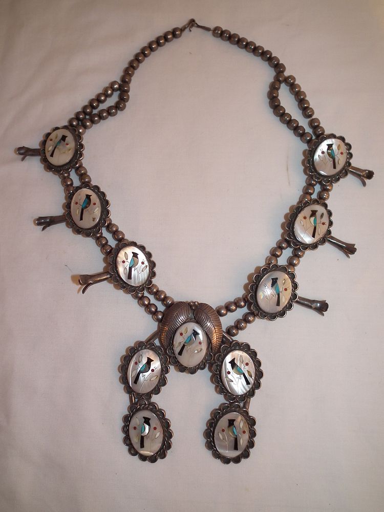 Appraisal: ZUNI SQUASH BLOSSOM NECKLACE Zuni pawn squash blossom necklace with