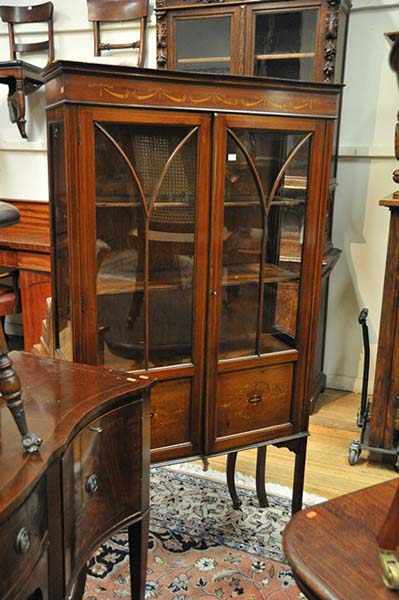 Appraisal: A SHERATON REVIVAL GLAZED DISPLAY CABINET WITH MARQUETRY INLAY