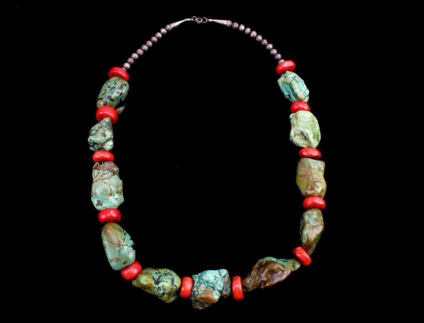 Appraisal: Navajo Turquoise Nugget Branch Coral Necklace For your consideration is