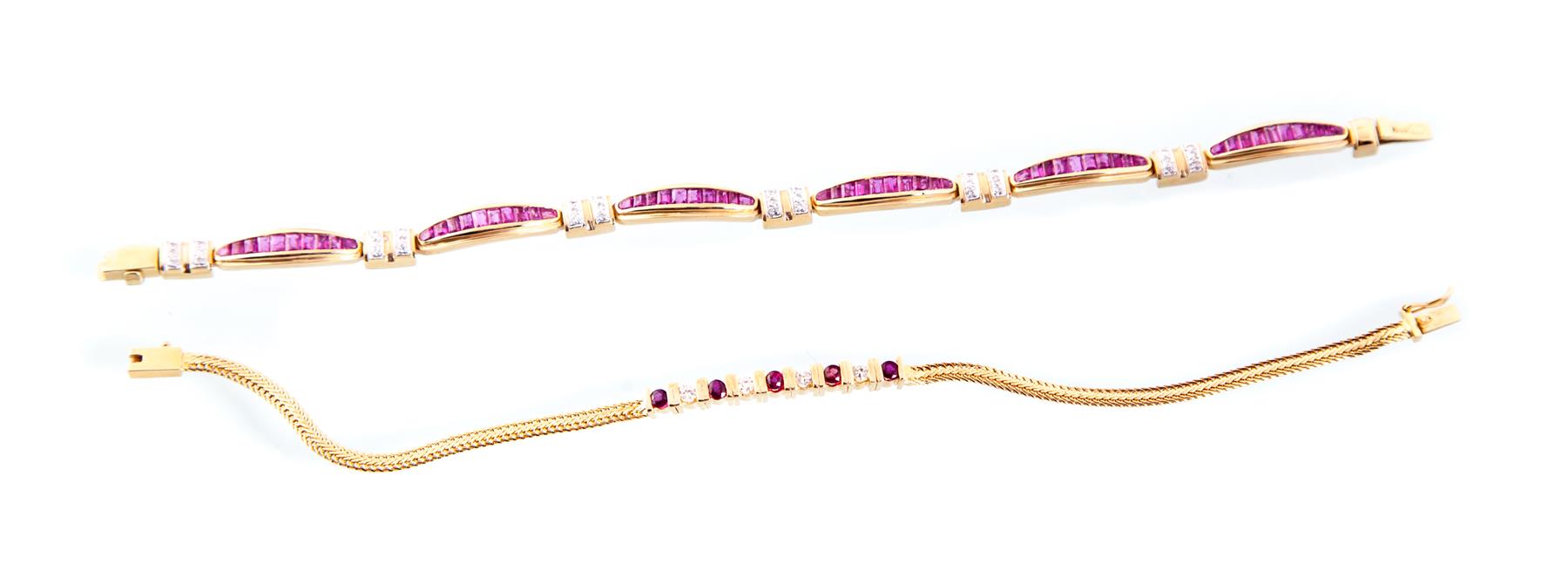 Appraisal: TWO RUBY AND DIAMOND BRACELETS American ca One karat yellow